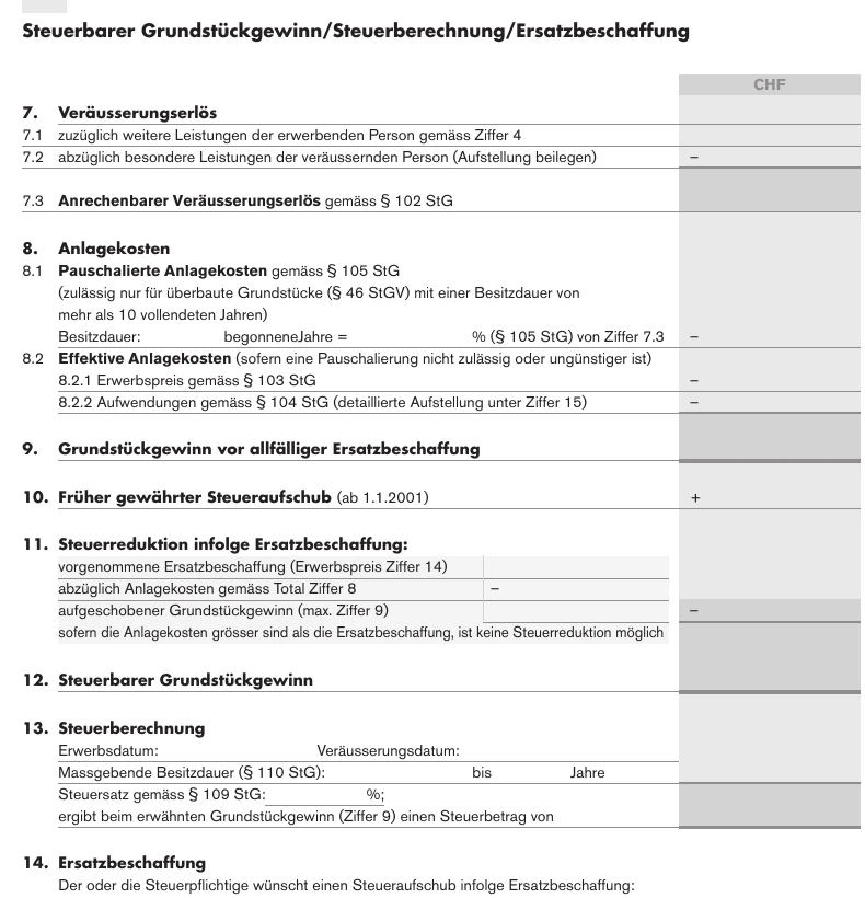 Ausschnitt des Aargauer Formulars 112.01 für Grundstückgewinne mit Feldern zu Erlös und Anlagekosten